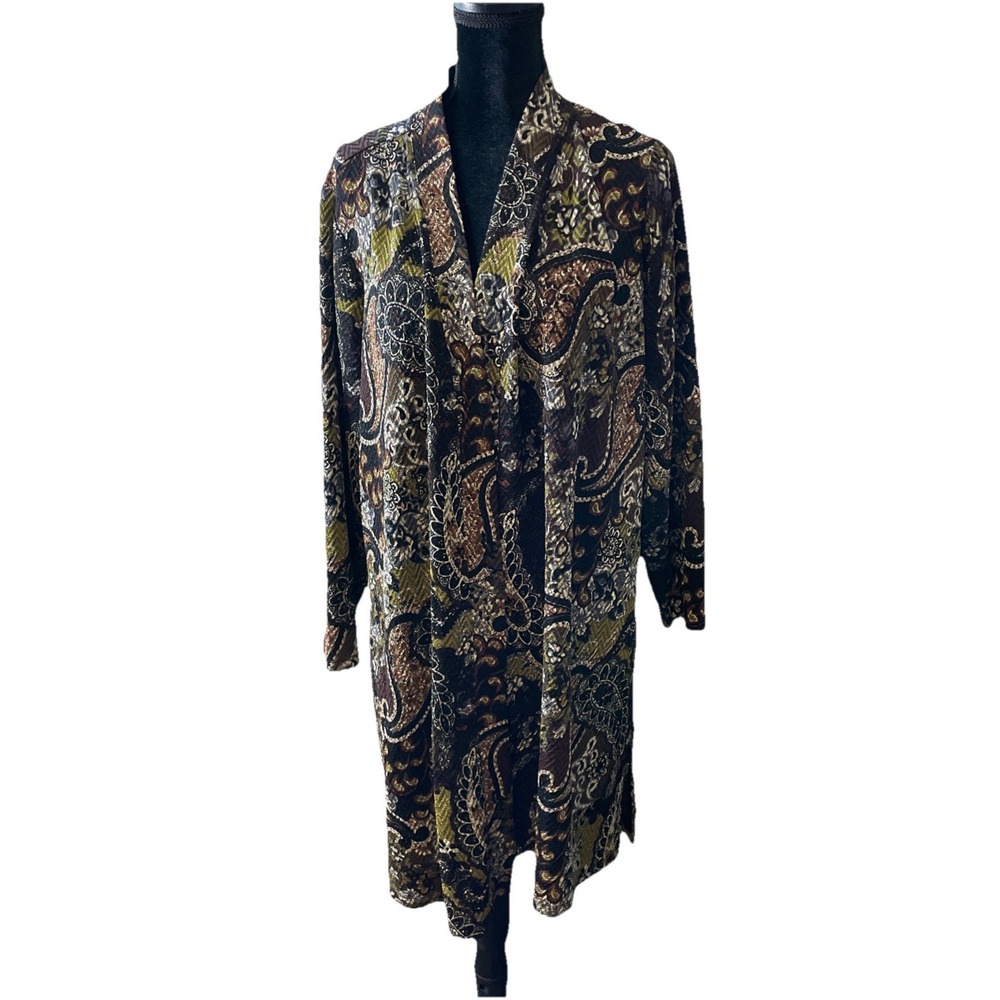 Susan Graver Womens 2XP Cardigan Brown Paisley Floral Open Front Longline Jacket